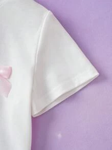 Pop Mart Azura X SHEIN Young Girl Cartoon & Bow Print Fantasy White Casual Sweet Cute Short Sleeve T-Shirt