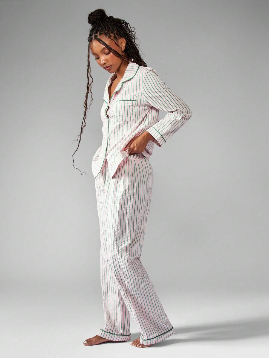 MISSGUIDED 条纹睡衣套装长袖纽扣衬衫阔腿裤睡衣家居服睡衣冬季节日礼物 - 彩色 - 查看 1