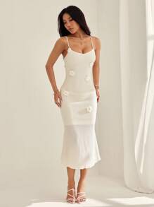 SHEIN PETITE 女式夏季优雅纯色 3D 花卉装饰鱼尾下摆吊带裙 - 杏色 - 查看 5