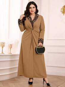 Modelyn 大码女式豹纹拼布扭腰优雅连衣裙 - 駝色 - 查看 3