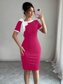 Elenzga 女士优雅侧系带肩部修身夏装 - 玫紅色 - 查看 3