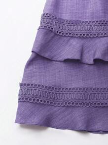 SHEIN Clasi 女式蕾丝拼布 V 领镂空腰喇叭袖迷你连衣裙，夏季 - 紫色 - 查看 5