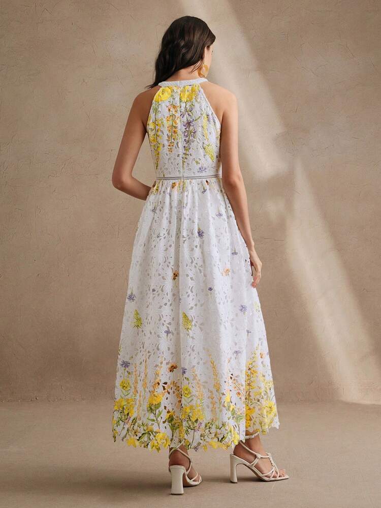 French Style High-End Hollow-Out Lace Print Elegant Round Neck Sleeveless Midi Dress, Spring/Summer