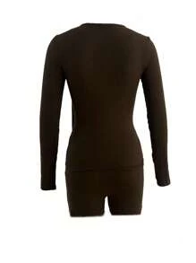 SHEIN EZwear Women's Simple Solid Color Long Sleeve Top & Shorts Set, Casual & Fashionable For Daily Wear - Brown - View 2
