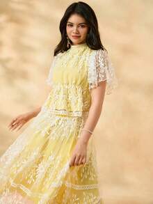 2pcs/Set Teenager Girls Elegant Floral Printed Stand Collar Ruffle Sleeve Blouse + Mid-Length Skirt Set - Yellow - View 7