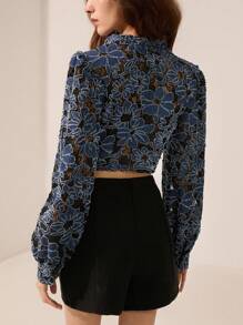 Aveloria Refined Elegant Commuter Women's Shirt, High-End Design With Embroider, V-Neck, Waist Cinching, Flattering Lantern Sleeve, Short Style Fall Cloth For Women - Multicolor - View 2