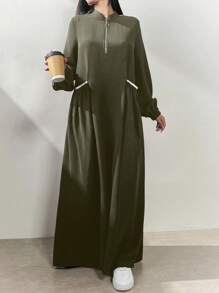 Al Najma 綠色女款拉鍊長袖時尚口袋溫柔優雅阿拉伯風洋裝，休閒運動風，適合日常/工作/返校穿著長洋裝 - 墨綠色 - 查看 3