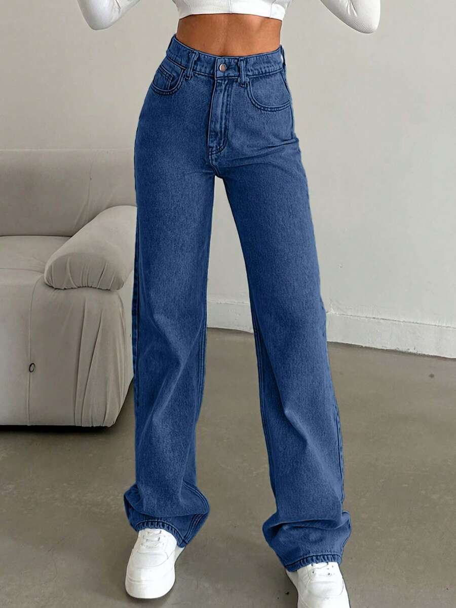 SHEIN Tall Snow Wash Straight Leg Jeans High Rise For Tall - Royal Blue - View 1