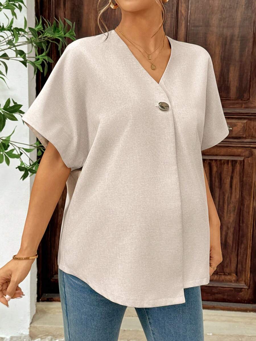SHEIN 孕妇V领蝙蝠袖短袖休闲衬衫，夏季