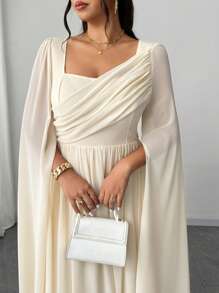 Elenzga 大码女式优雅浪漫雪纺飘逸法式方领长袖 A 字长裙，适合毕业典礼、派对、婚礼宾客 - 杏色 - 查看 5