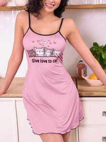SweetSlumber Women Cute Cat Printed Spaghetti Strap Nightgown