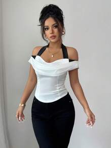 Elenzga Color Block Ruched Off Shoulder Elegant Casual Shirt For Women, Suitable For Home, Outdoor Wear