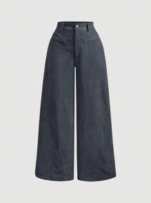 SHEIN MOD Pantalones de pana de unicolor vintage y estilo simple para mujer talla grande, pantalones grises para mujer, pantalones anchos para mujer