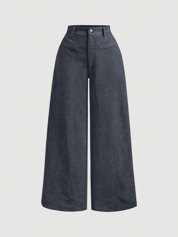 SHEIN MOD Pantalones de pana de unicolor vintage y estilo simple para mujer talla grande, pantalones grises para mujer, pantalones anchos para mujer