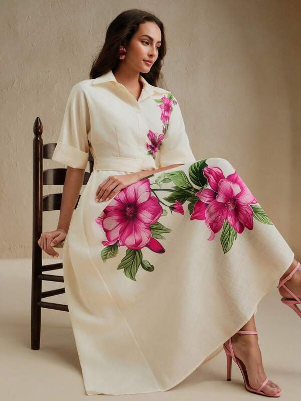 Anewsta Women's Elegant Floral Midi Dress Woven Fabric Half Sleeves And A Chic Collar Neckline