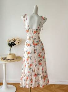 INAWLY Asymmetrisches Saum Spaghettiträger Blumendruck-Kleid