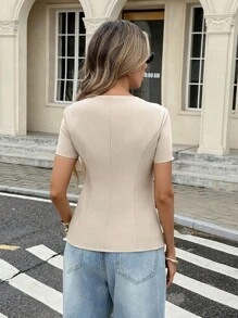 Serisse 女士优雅米色夏季通勤纯色大金属纽扣衬衫，商务休闲办公上衣，西式服装，教师返校节上衣 - 杏色 - 查看 3