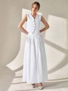 CLARA VERO Set de 2 piezas, top de chaleco con botones delanteros y falda larga de corte evasé, estilo elegante y casual para mujer