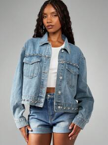 MISSGUIDED 西部波西米亚风牛仔夹克银色铆钉短款卡车司机风格超大秋冬节日时尚宣言外套 - 中等水洗藍 - 查看 1
