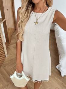 SHEIN LUNE Váy đi nghỉ tua rua eo rút dây cho nữ - Màu be - Xem 3