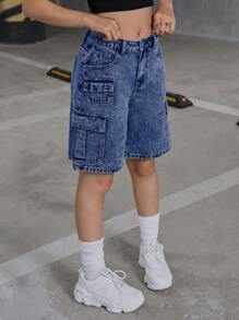 SHEIN 青少年女孩 Y2K 时尚低腰翻盖口袋宽松牛仔工装短裤，青少年女孩返校服装 - 深色水洗藍 - 查看 4