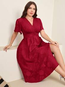 SHEIN Clasi Plus Size Women Floral Jacquard Ruffle Hem Slit Side Hem Elegant Mini Dress Red Wine Midi Dress Midi Wedding Guest Dress Formal Midi Dress Red Floral Midi Dress Plus Size Midi Dress - Red - View 5