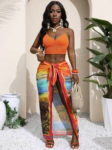 Slaydiva 2025 New Summer Leisure Vacation Music Festival Bohemian Beach Vacation Sling Short Orange Vest + One-Piece Strap Long Skirt Full Range Fake Landscape Coconut Tree Print Women's Two Pieces Set-A Two Pieces Vacation Set Women Beach 2 Pieces Set Y2K 2Pieces Set
