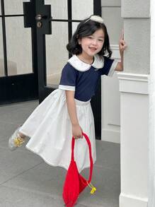 DAZY Young Girls POLO Collar Colorblock Korean-Style T-Shirt And Solid Color Skirt 2 Pieces Set,Girls Summer Outfits - Blue - View 7