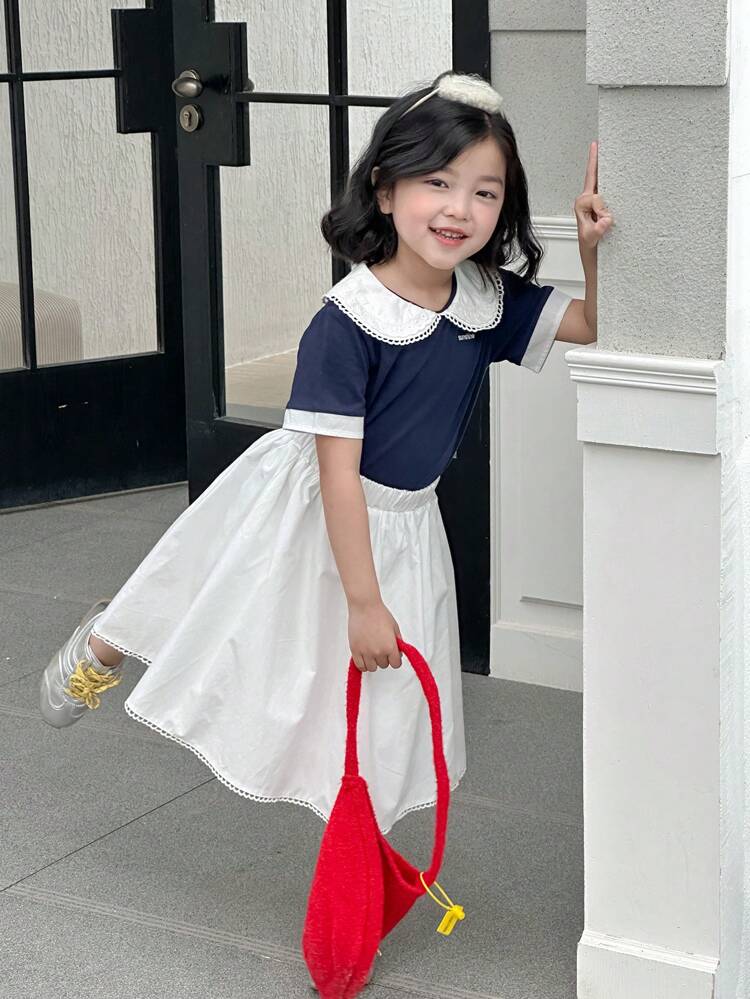 Young Girls POLO Collar Colorblock Korean-Style T-Shirt And Solid Color Skirt 2 Pieces Set,Girls Summer Outfits