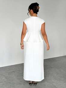 Firerie Plus Size New Elegant Minimalist Women Daily Commute Outfit, Round Neck Dolman Sleeve Ruffle Trim Blouse And Straight Skirt, White 2 Pieces Set