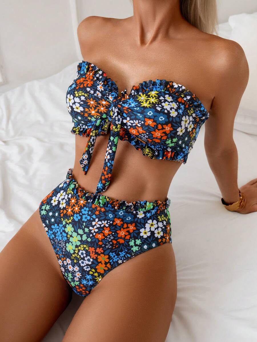 Swim Mod Set de 2 piezas de bikini con estampado de flores pequeñas, ropa de playa y traje de baño, para primavera/verano - Multicolor - Ver 1