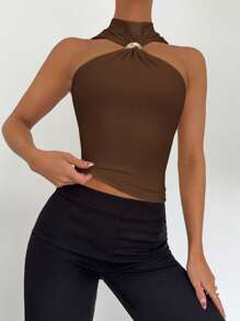 Siren Gaze Ärmellose Bluse für Damen mit Stehkragen und Metalldekor, Pendler- und UrlaubsLässig Bluse