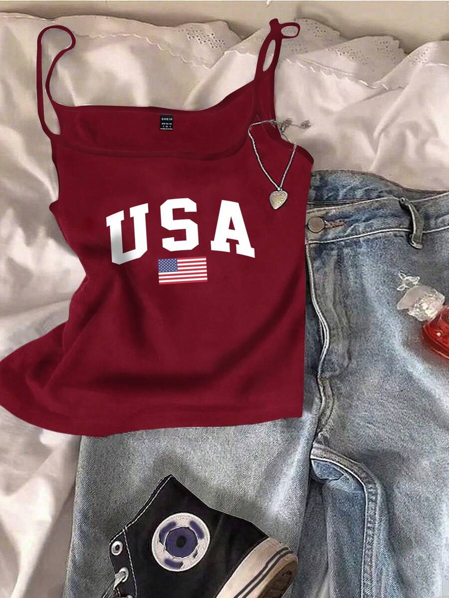 SHEIN EZwear 休闲简约性感紧身款美国独立日细肩带背心，印有美国国旗图案，适合夏季和独立日穿着 - 彩色 - 查看 1