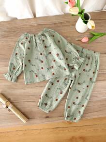 SHEIN Vintaside Kids 2pcs Baby/Baby Girl Ditsy Floral Long Sleeve Clothing Set, Autumn