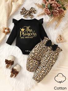 SHEIN 3pcs Baby Girls Cute Leopard Print Long Sleeve Ruffle Letter Bow Bodysuit And Long Pants Set - Black - View 1