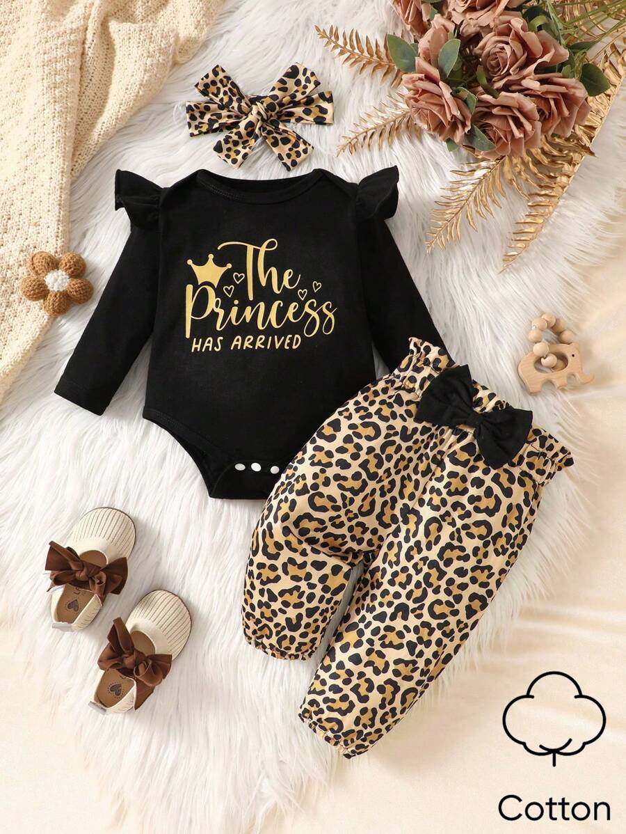SHEIN 3pcs Baby Girls Cute Leopard Print Long Sleeve Ruffle Letter Bow Bodysuit And Long Pants Set - Black - View 1