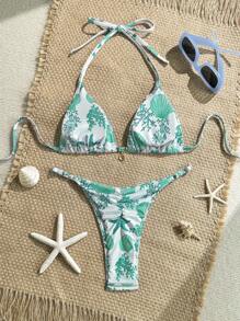 Swim Mod 2pcs/Set Summer Vacation Random Print Rib Texture Gold Shell Accessory Halter Crop Top And Bikini Swimwear Set, Sexy Women's Swimsuit - Multicolor - View 2