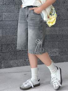 DAZY 夏季女童休闲水洗牛仔短裤，蝴蝶刺绣装饰 - 藍色 - 查看 4