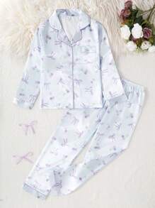 女孩加大蝴蝶结印花领开衫搭配休闲裤套装，舒适家居服 - 紫色 - 查看 5