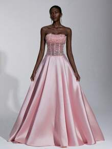 Elitara Váy maxi chữ A thắt nơ có thể điều chỉnh, dáng chữ A, xòe trễ lưng màu hồng lấp lánh, đính sequin hoa sen thanh lịch, thích hợp cho các buổi hẹn hò, kỳ nghỉ, sinh nhật, tiệc tùng, đám cưới, lễ tốt nghiệp, những dịp trang trọng - Bụi hồng - Xem 6