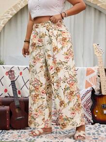 Pantalones vaqueros de pierna ancha con estampado floral digital para mujer de talla grande - Marrón - Ver 3