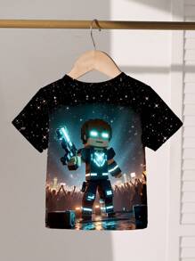 Young Boy Creative Star Sky Stage Gun Block Human Print Short Sleeve T-Shirt,Fashionable Basic Summer School Gaming Kids Graphic Tee - Multicolor - View 4