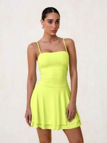 Glamine 蝴蝶黄色露肩褶皱连衣裙、女士夏装、约会夜服装、毕业礼服、独立日礼服、生日服装、俱乐部服装、度假礼服 - 黃色 - 查看 3