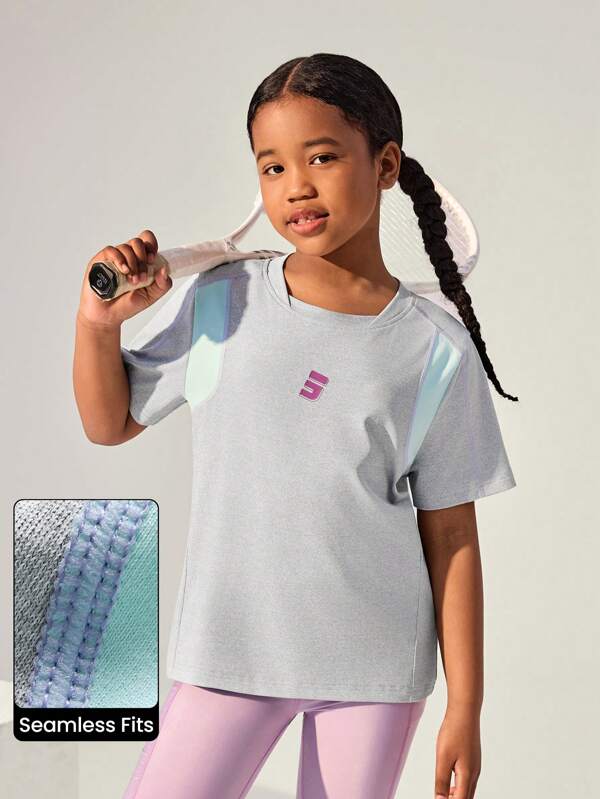 JNSQ New Girls Summer Outdoor Professional Sports Short Sleeve T-Shirt, Children Round Neck 4-Needle 6-Thread Seamless Color Block Outdoor Sports Short Sleeve Top