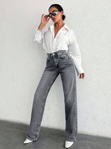 SHEIN Tall 100%纯棉高腰直筒牛仔裤 - 淺灰色 - 查看 3