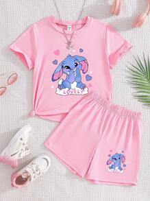 小女孩两件套卡通印花圆领短袖T恤和短裤 - 彩色 - 查看 5