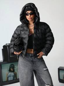 CasuGlow Premium Winter Collection Sophisticated Wave-Quilted Pattern Coat, Modern Full-Zip Front Closure, Professional High Neck Feature, Luxury Insulated Padding, Weather-Resistant Material, Urban Sport Style, Practical Winter Essential, Cropped Length Design, Enhanced Volume Quilting Technique, Waterproof Fabric Puffer Jacket Women Black Puffer Jacket Crop Puffer Jacket - Black - View 5