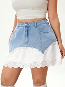 Rina Fox Minifalda vaquera azul clara de talla grande con adorno de encaje elegante y casual para mujer