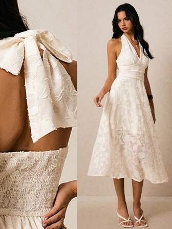 Poéselle Enfärgad V-ringad långklänning med halterneck och midja för kvinnor