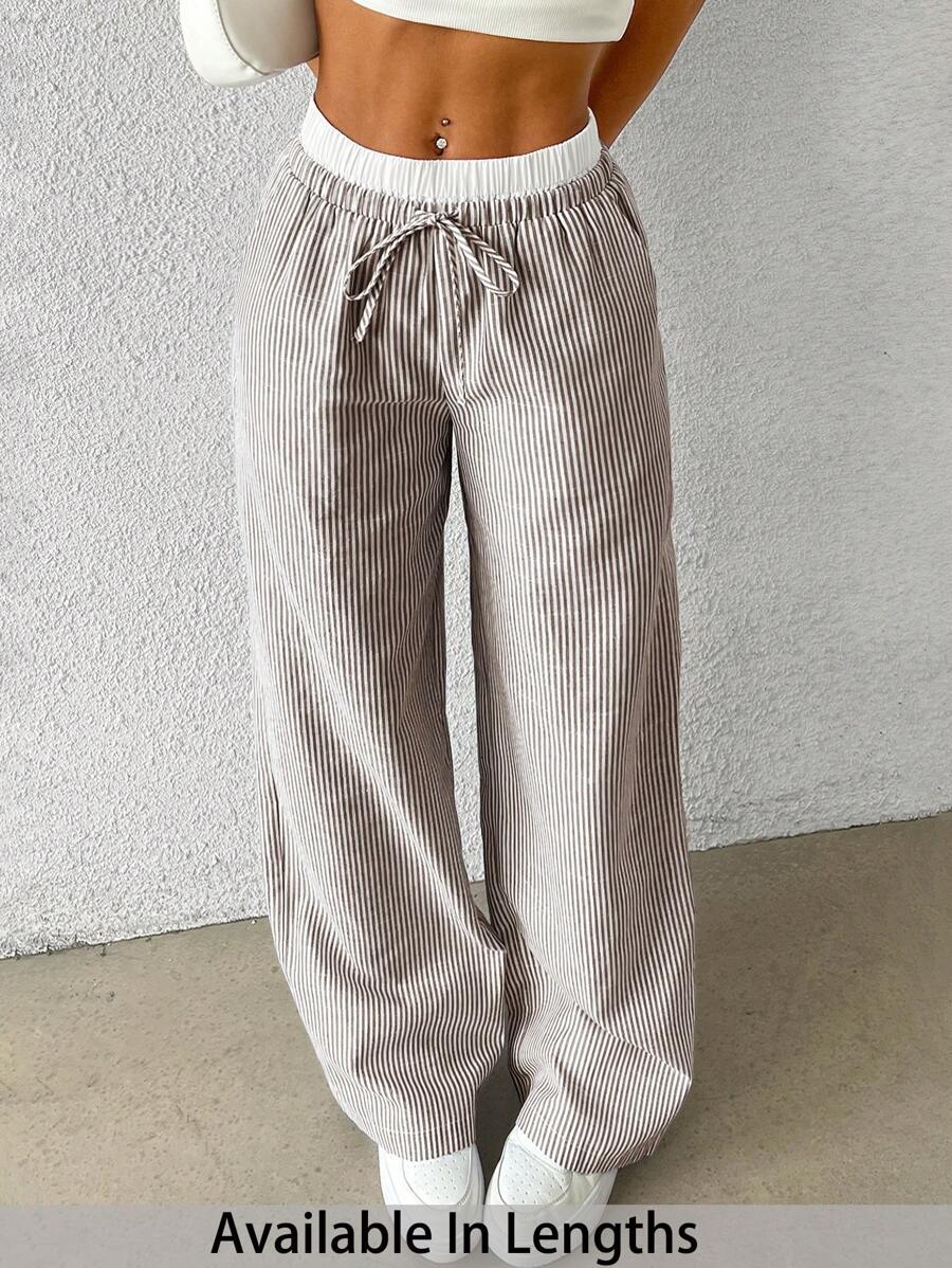 SHEIN PETITE CURVE Pantalones informales tejidos a rayas en marrón para mujer de tallas grandes, para primavera/verano